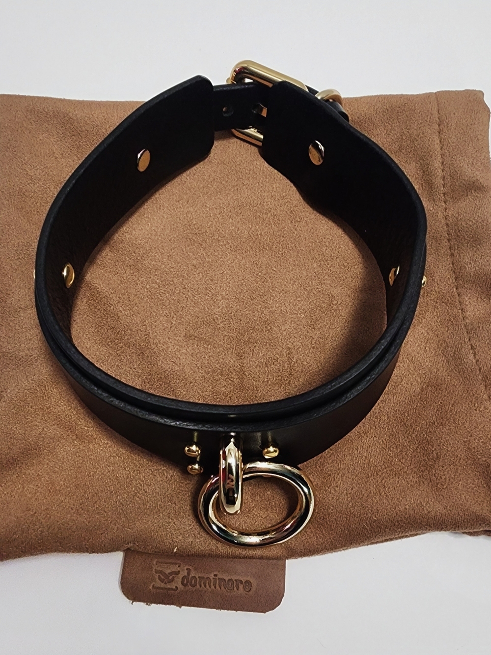 Black Leather Choker Collar with Gold Ring Hardware Goth Punk Alt Fashion